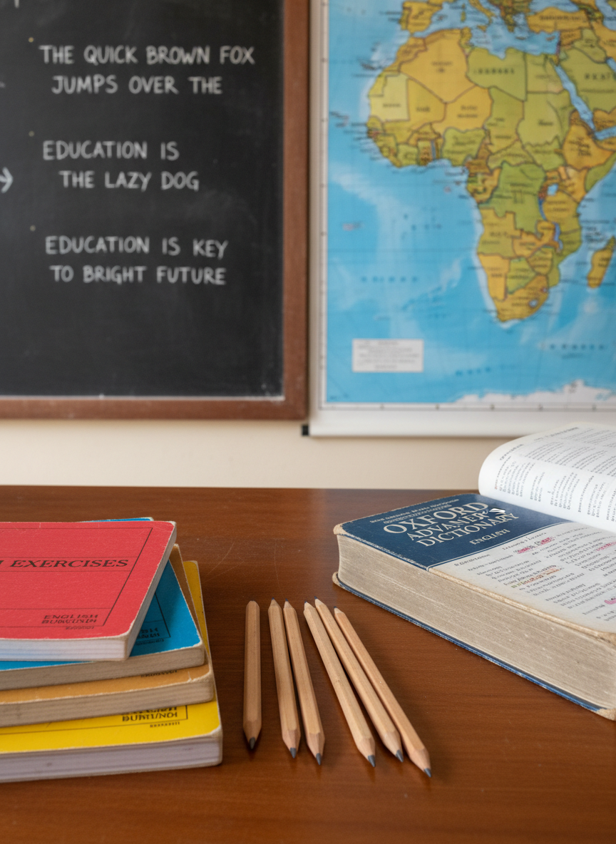 A close-up, photographic image of a stack of colorful exercise books, sharpened pencils, and a well-used English dictionary resting on a smooth wooden desk in a Burundian classroom. The covers of the books show slight wear at the edges, suggesting frequent use, while the pencils are neatly aligned, their graphite tips catching soft, diffused daylight from a nearby window. In the blurred background, a chalkboard with English sentences and a map of Africa can be seen. Captured from a slightly elevated angle with shallow depth of field, the mood is focused and studious, conveying the tangible impact of school supplies and educational support.