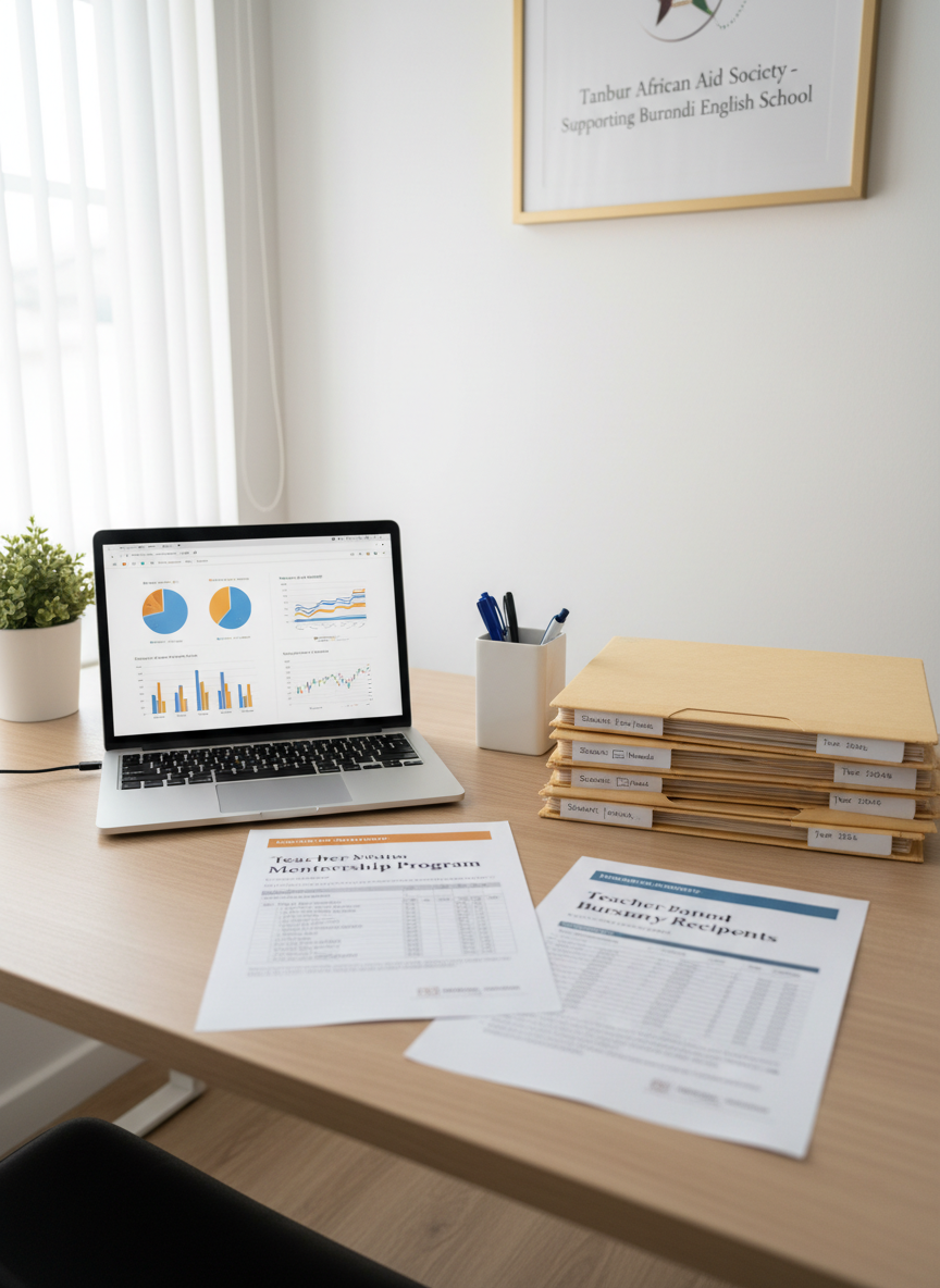 A neat office-style workspace dedicated to school support and mentorship, photographed in a clean, modern aesthetic. A light wood desk holds an open laptop displaying charts and documents related to educational funding, alongside printed reports labeled “Teacher Mentorship Program” and “Bursary Recipients.” A small stack of neatly organized folders, each tagged with student names and years, sits beside a simple pen holder. Soft, indirect daylight from a nearby window illuminates the scene, creating subtle reflections on the laptop screen and gentle shadows across the papers. Captured from a slightly elevated angle with sharp focus, the atmosphere is professional, organized, and purposeful, representing the administrative backbone of the Tanbur African Aid Society’s support for Burundi English School.
