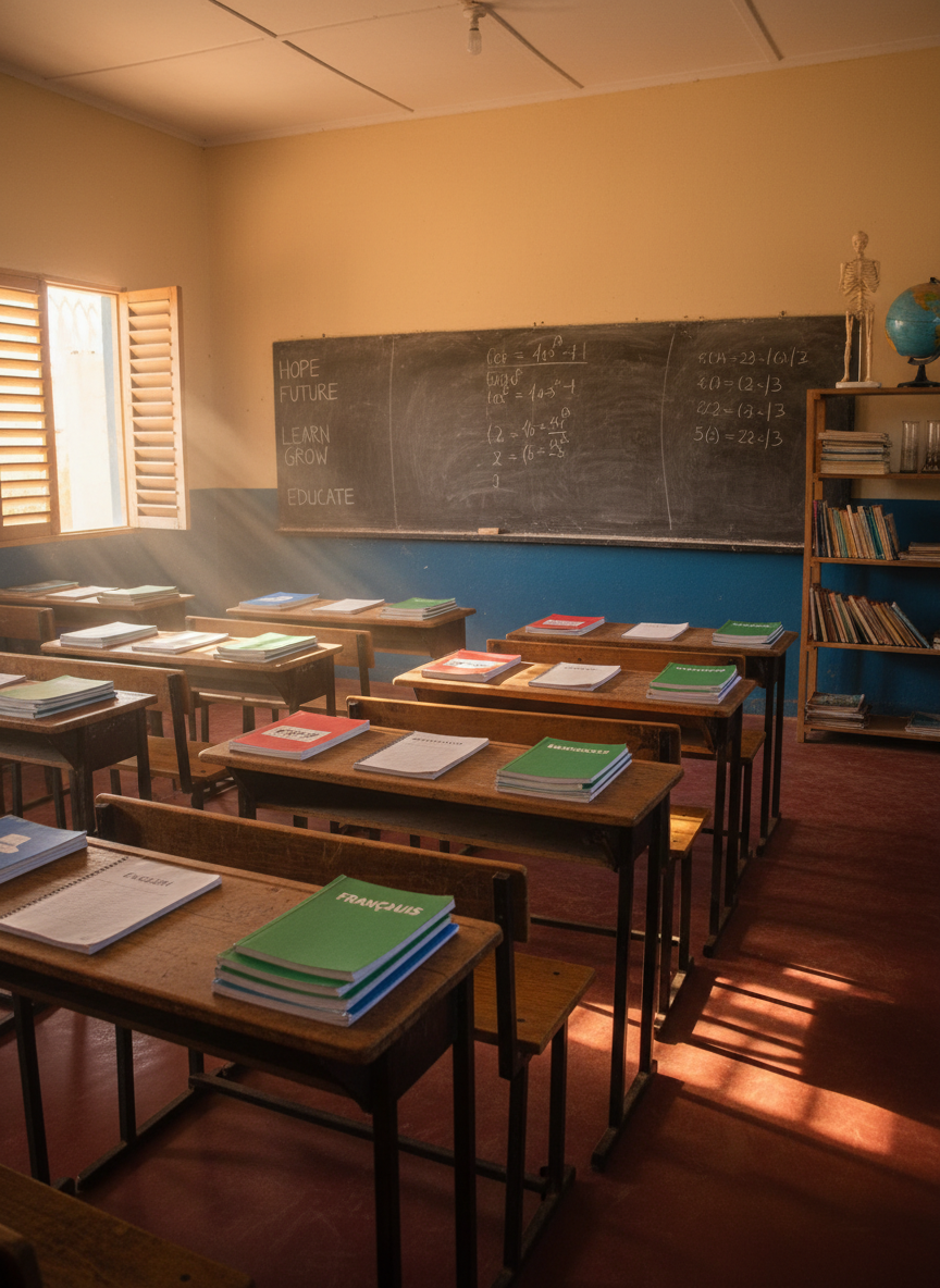 A warmly painted classroom interior in Bujumbura, Burundi, viewed in photographic realism, with rows of well-used wooden desks and neatly stacked exercise books labeled in English and French. A sturdy chalkboard spans the front wall, covered with carefully written English vocabulary and math problems in white chalk. Sunlight pours through open louvered windows, casting soft, angled beams across the red cement floor and creating gentle shadows under each desk. In the back corner, shelves hold worn but organized textbooks, globes, and simple science materials. Shot at eye level with a moderate depth of field, the composition feels calm, hopeful, and professional, emphasizing the dignity of the learning environment supported by the non-profit.