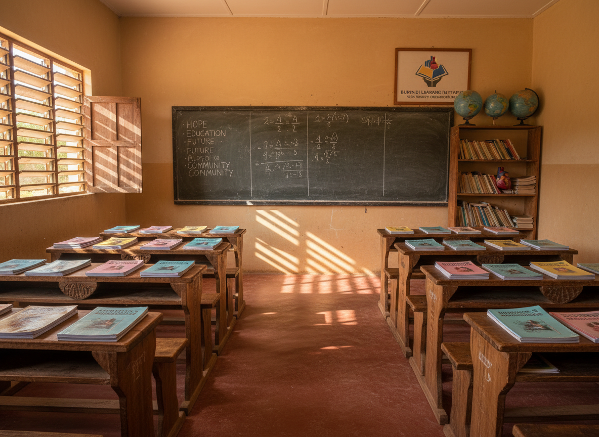 A warmly painted classroom interior in Bujumbura, Burundi, viewed in photographic realism, with rows of well-used wooden desks and neatly stacked exercise books labeled in English and French. A sturdy chalkboard spans the front wall, covered with carefully written English vocabulary and math problems in white chalk. Sunlight pours through open louvered windows, casting soft, angled beams across the red cement floor and creating gentle shadows under each desk. In the back corner, shelves hold worn but organized textbooks, globes, and simple science materials. Shot at eye level with a moderate depth of field, the composition feels calm, hopeful, and professional, emphasizing the dignity of the learning environment supported by the non-profit.