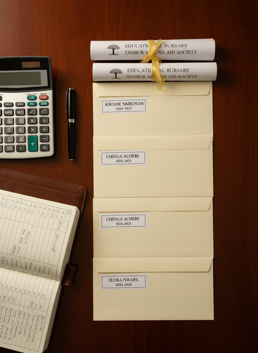 A row of labeled bursary envelopes and award certificates laid out on a smooth, dark wooden table, captured in photographic realism. Each cream-colored envelope bears a neatly printed student name and academic year, while the certificates display an elegant header reading “Educational Bursary – Tanbur African Aid Society” with a subtle logo. A simple calculator, a black ink pen, and a ledger book with carefully handwritten figures rest nearby, suggesting careful financial stewardship. Soft overhead lighting creates a warm, even glow with gentle shadows at the edges of the stationery. Shot from directly above in a flat-lay composition with crisp detail, the mood is respectful, transparent, and hopeful, visually communicating the non-profit’s commitment to supporting deserving children’s education.